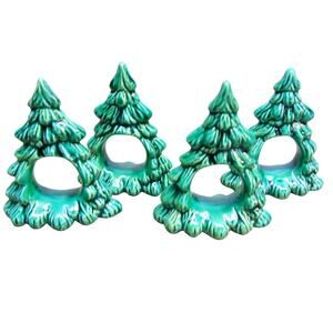 Porcelain Napkin Rings Holders Set 4 Green Christmas Tree Figurines New 3.25"